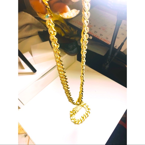 18K Men Cuban Gold Plated Diamond Chain Set Bracelet it will not turn will last - Picture 7 of 7